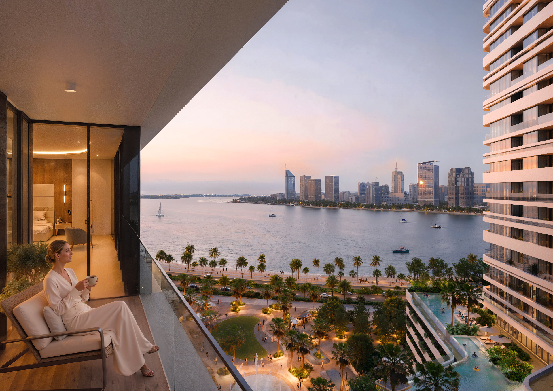 Waterfront view from a Linar apartment balcony at dusk